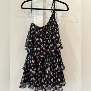 Lulus one shoulder ruffle mini dress, size medium, black/floral